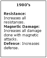 Text Box: 1980s

Resistance: Increases all resistances.
Magnetic Damage: Increases all damage done with magnetic attacks.
Defense: Increases defense.